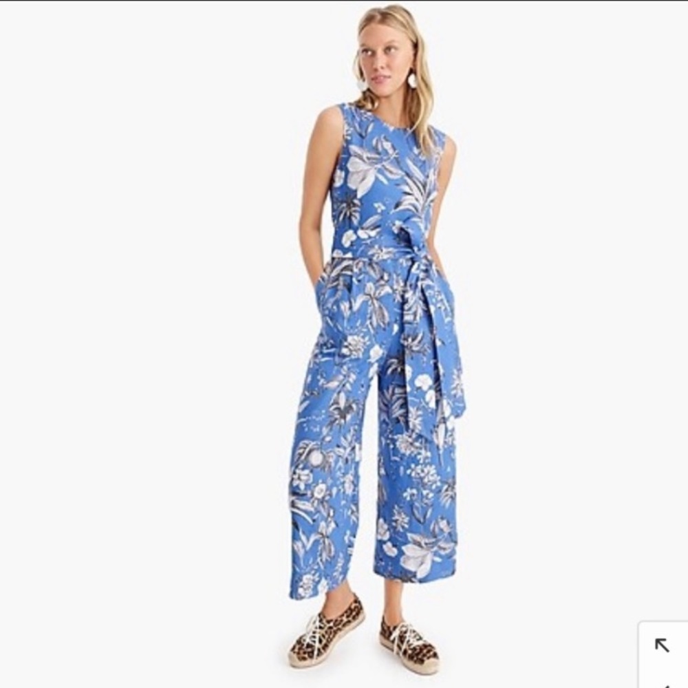 J. Crew Linen Wrap-Back Jumpsuit Tropical Toile